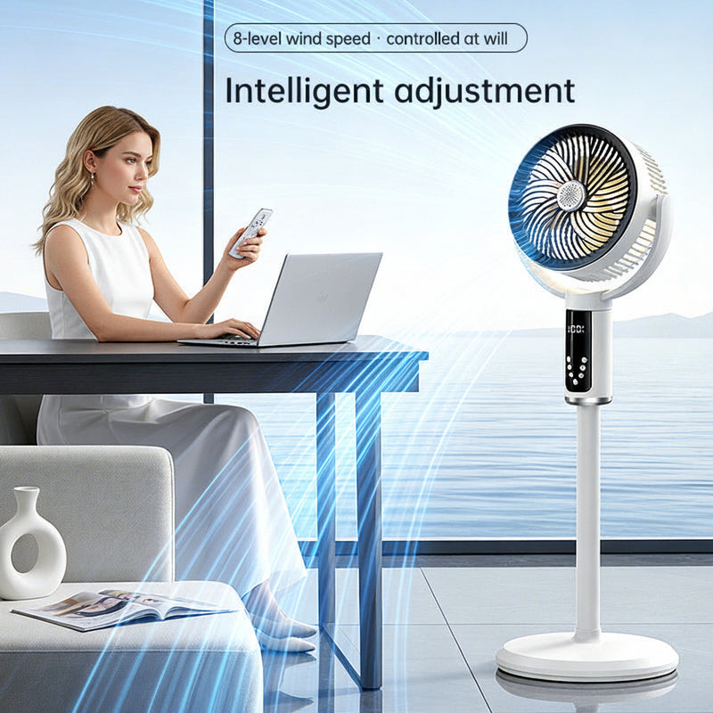 E2 Akku-Standventilator mit Licht | Fernbedienung, 16 Std. Akkulaufzeit, extrem leise